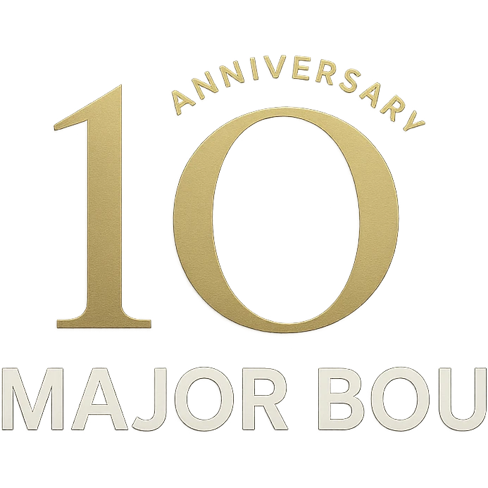 Elegant 10th anniversary logo for Major Bou with gold accents and a modern sans-serif font emoji