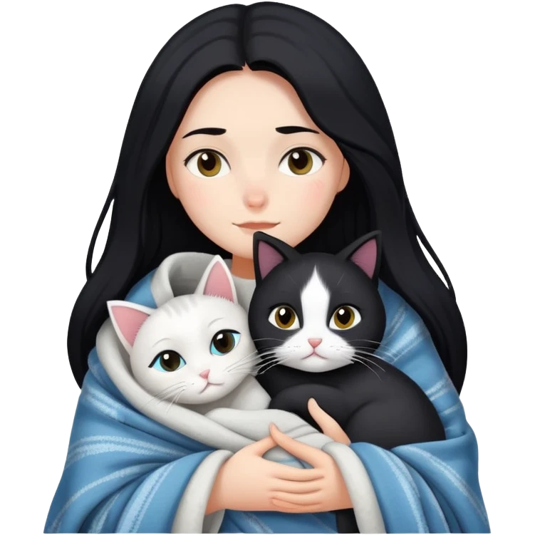 A fair-skinned girl with long black hair wrapped in a blanket hugging a black and white cat emoji