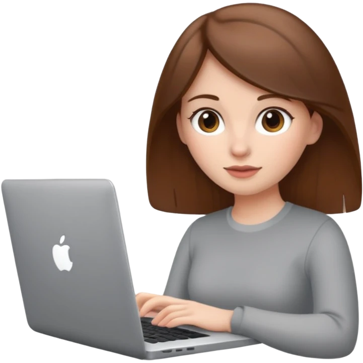memoji of a brown hair white skin female with a grey laptop in front, apple-style, modern emoji