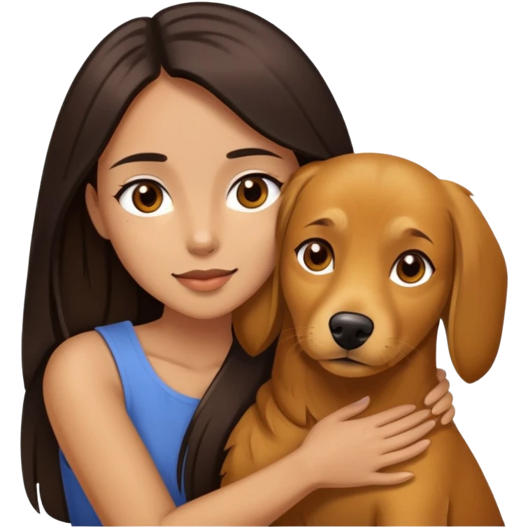 beautiful woman with dark long straight hair and brown eyes hugs a golden brown dog emoji
