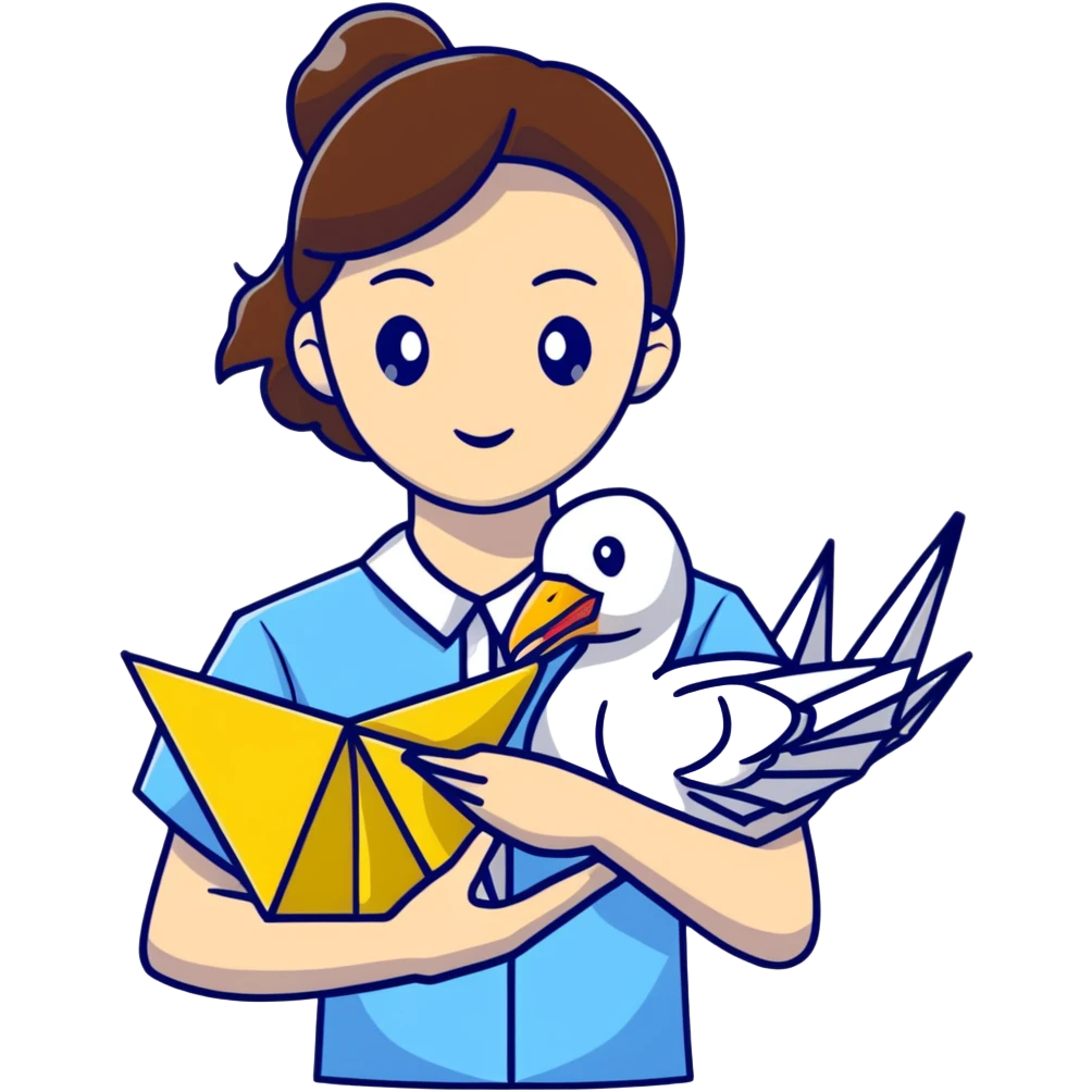 Ukrainian young girl with brown hair wearing a white embroidered shirt holds an origami yellow-blue crane emoji