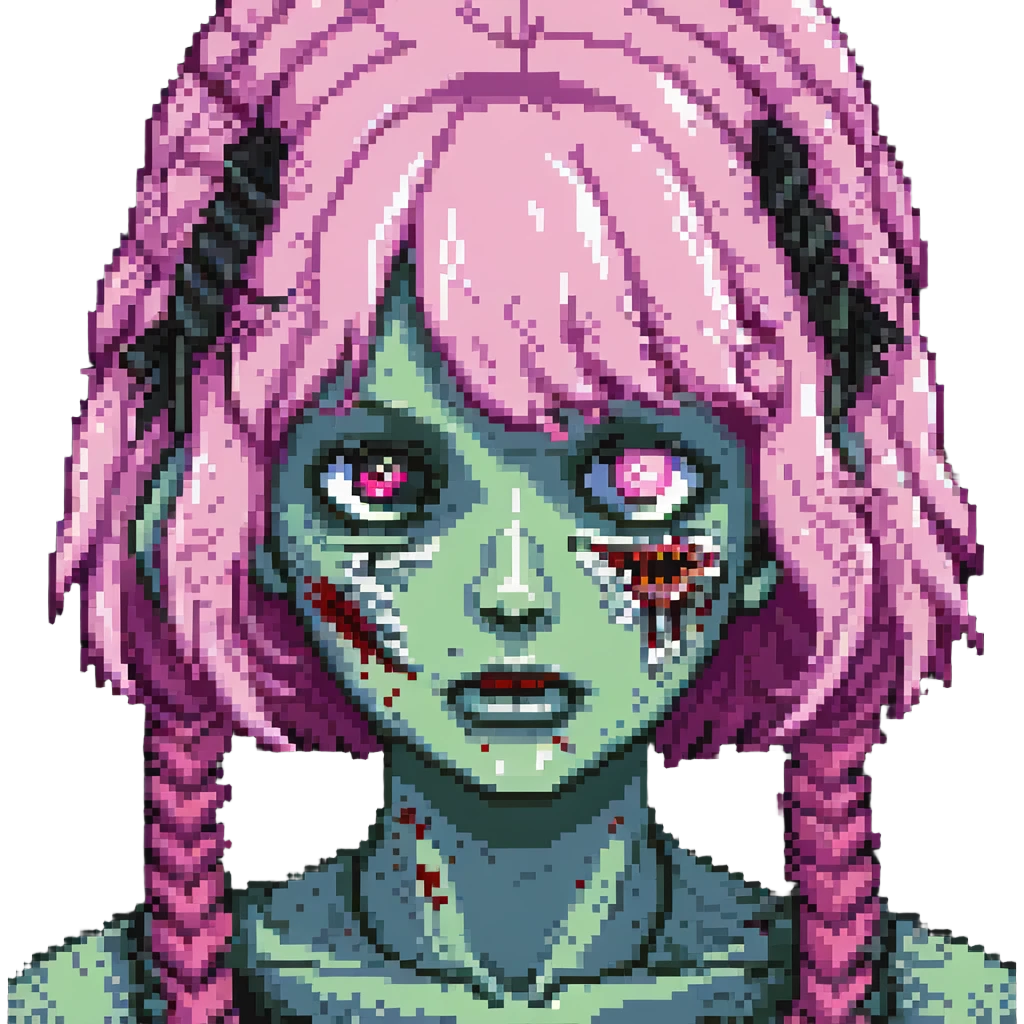 close-up face of girl zombie with pink hair and bangs, pixel art style emoji