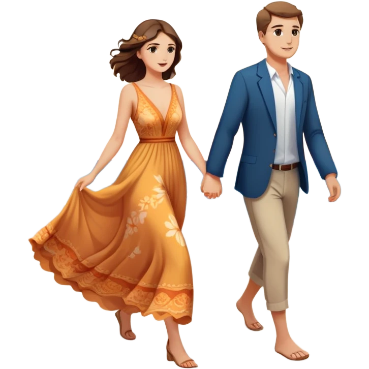 Elegant girl with a beautiful flowy dress and man walking on the beach together in Montenegro sunset holding hands  emoji