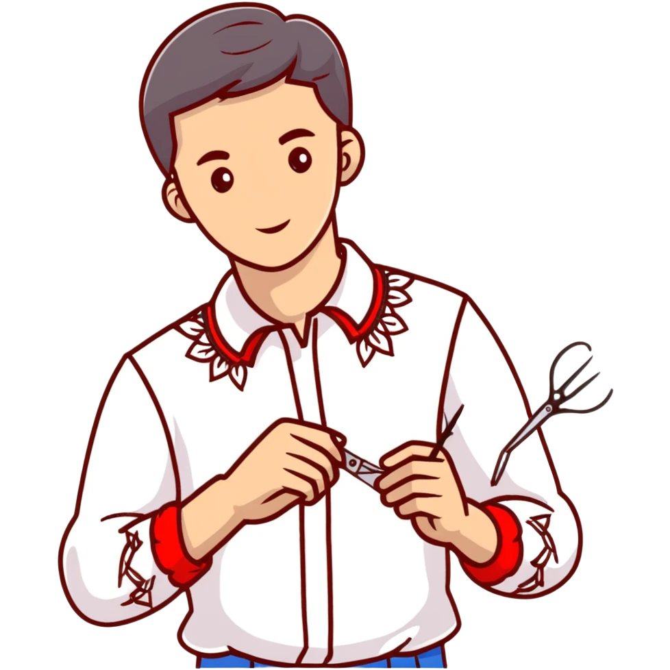 Ukrainian young man in a white embroidered traditional shirt holding a red thread with a needle and pliers emoji