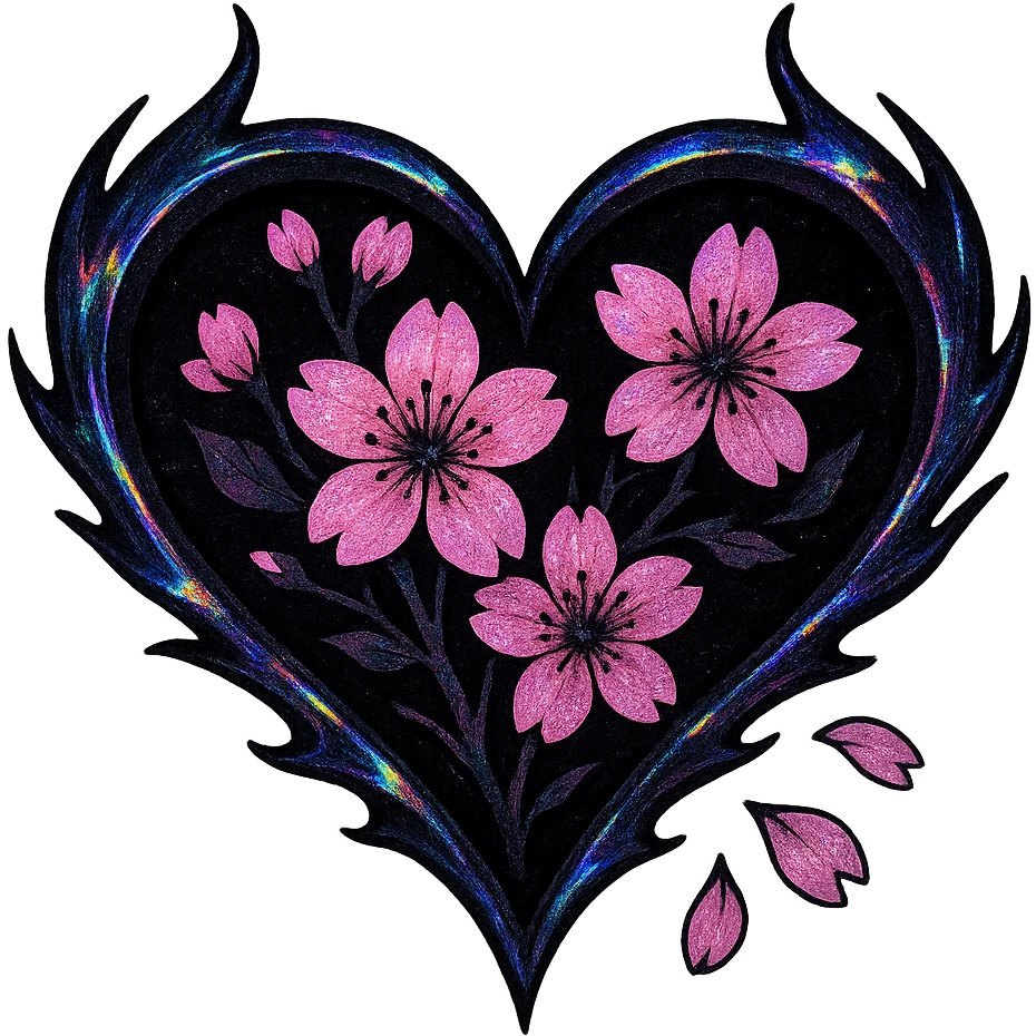 goth sakura heart, holographic foil, shimmering black and pink, iridescent gothic emoji