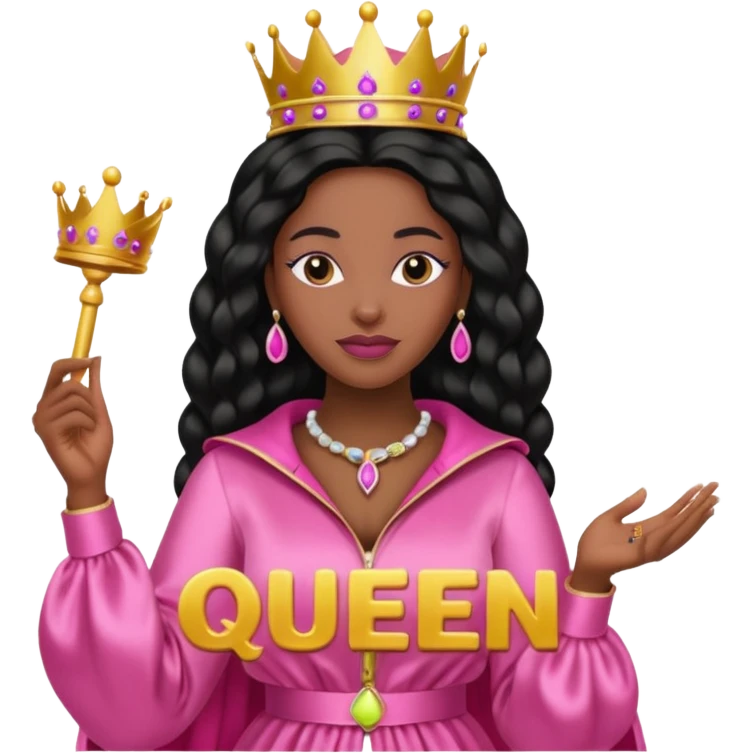 Crear una reina morena clara con ropa rosa sosteniendo la palabra Queen en sus manos emoji