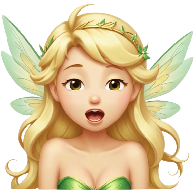 Cinematic Realistic Blonde Tinker Bell Fairy Portrait, head tilted slightly with a dramatic, wide-open yawn, revealing a tender, drowsy visage with intricately detailed golden blonde hair and softly shimmering wings gently drooping. Her sleepy, sparkling eyes exude a dreamy, ethereal charm, while the soft natural light and high shine emphasize every delicate detail—capturing the essence of an enchanting fairy drifting into a magical slumber. emoji