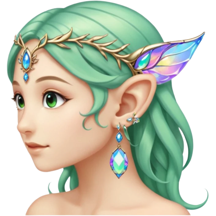 portrait of Elvish fae shiny sparkly iridescent translucent diaphanous ear climber ear cuff emoji