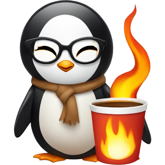 Illustrate a calm penguin with prescription glasses, holding a coffee cup, surrounded by flames. The cat has a relaxed expression with closed eyes, unfazed by the fire. emoji
