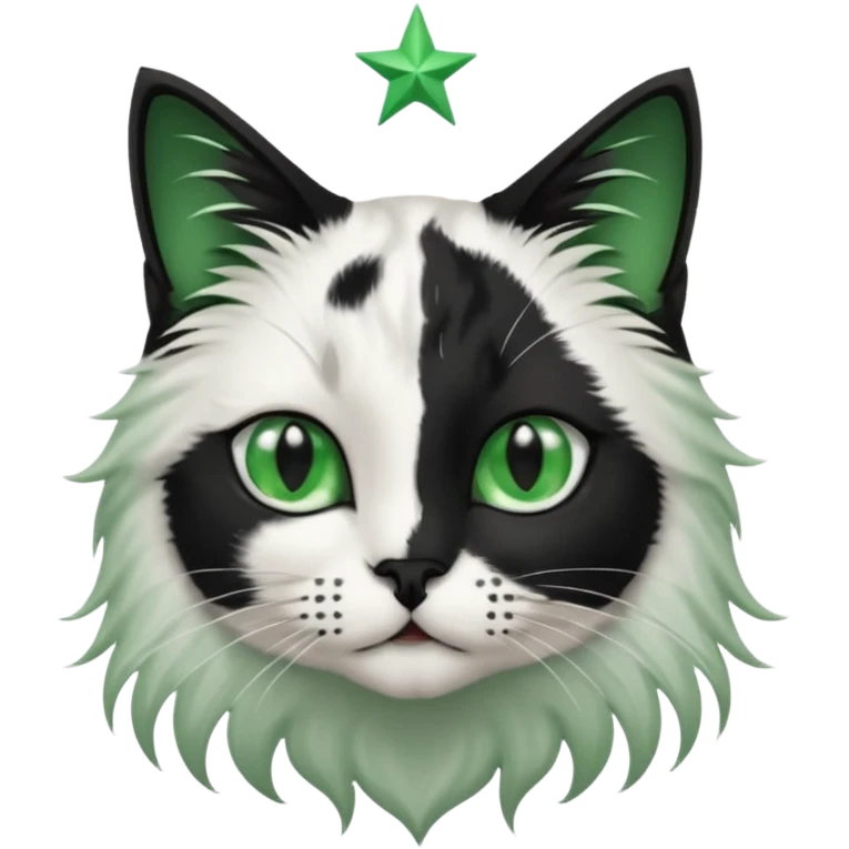 black and white long hair cat. green eyes. black nose. black splotch in the shape of a star near nose (on the right side). white chest. emoji
