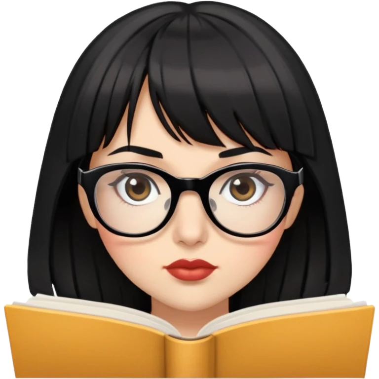 A woman with bangs and black hair , big brown eyes and full lips , glasses on , big lashes , reading  emoji