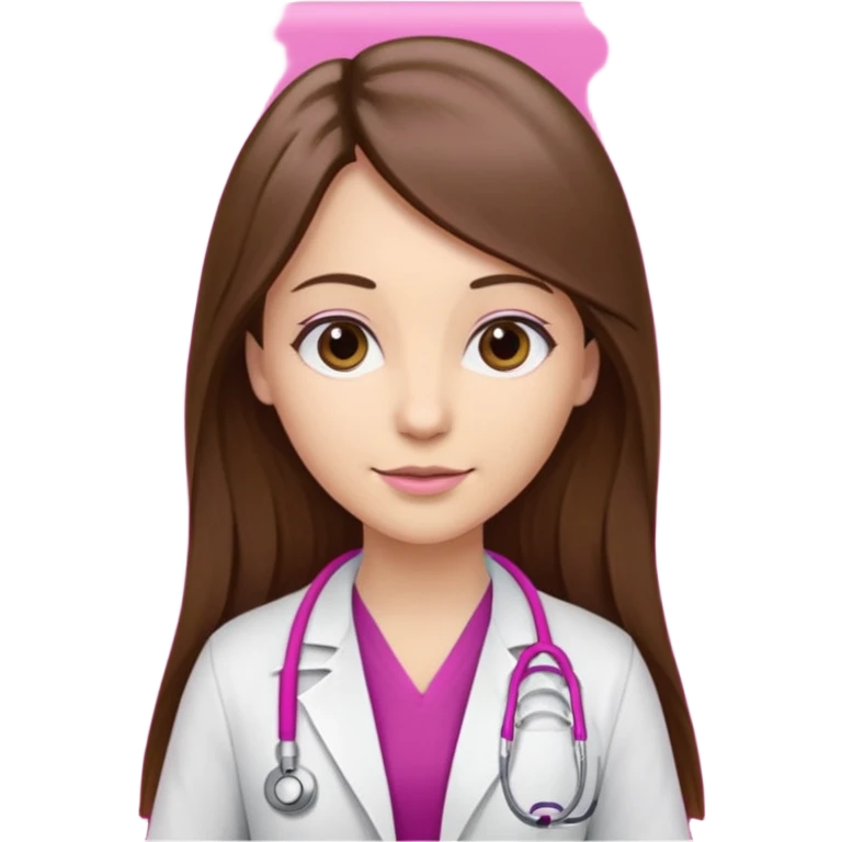 Médica de cabelos longos castanhos lisos com um estetoscópio rosa magenta. emoji