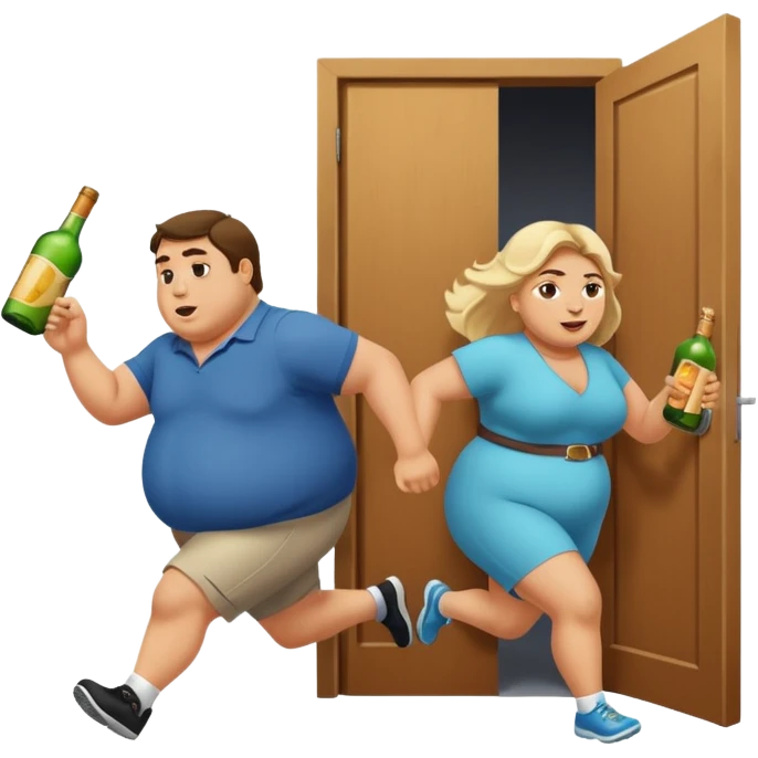 A fat guy and fat girl running towards a door with liquor  emoji