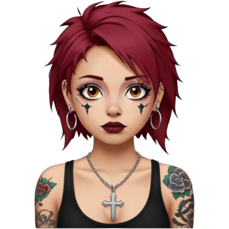 generate an ios genmoji of a girl with dark red messy hair with eyeliner on. septum piercing, wearing a cami black top, has tattoos, on shoulders. ear piercings. wearing a cross silver necklace emoji