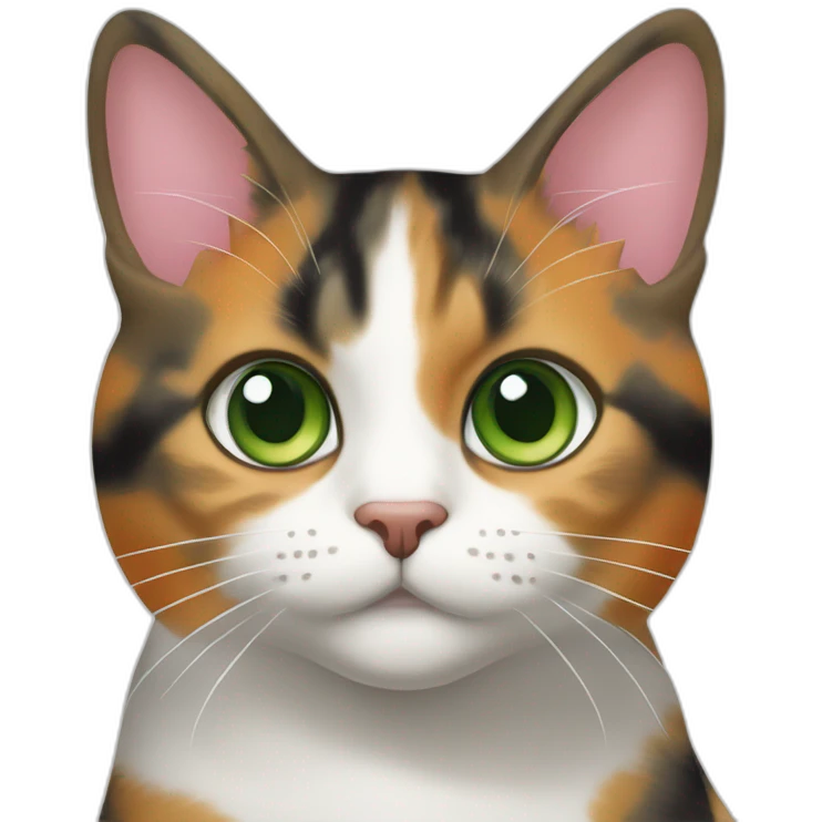 young striped calico cat face with a pink nose, white chin, green eyes, and orange/brown markings emoji