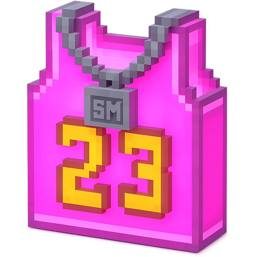 светящейся розовая баскетбольная майка с надписью "23" и серебряная цепь с надписью "SM", no background emoji