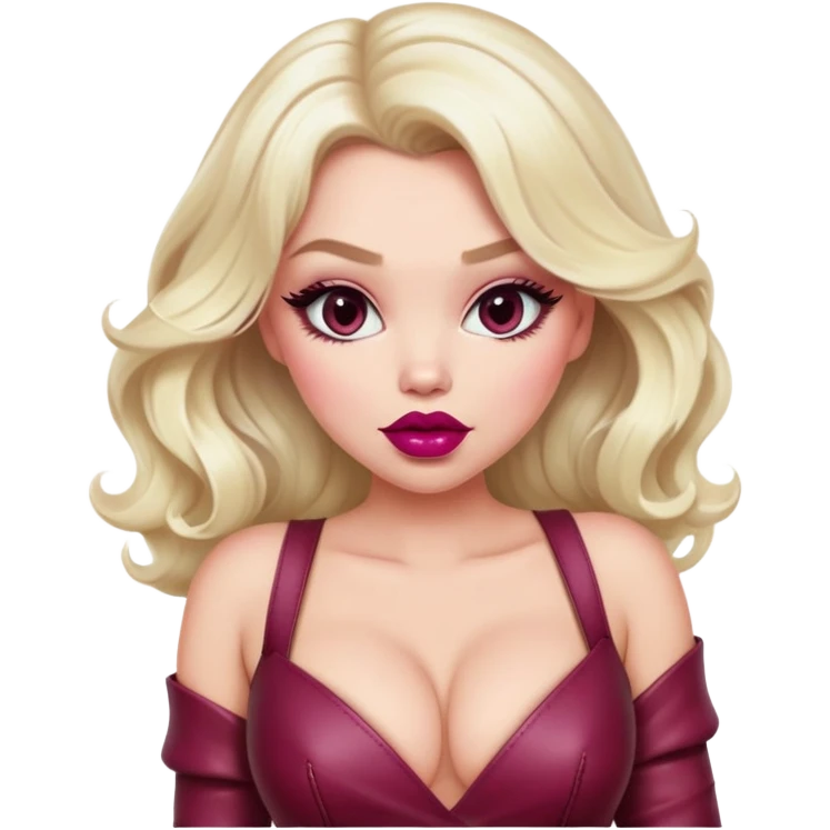 gorgeous woman with platinum wavy blonde hair with big puffy pouting burgundy lips, makeup, wearing a pink leather dress with cleavage, swaying her hips emoji