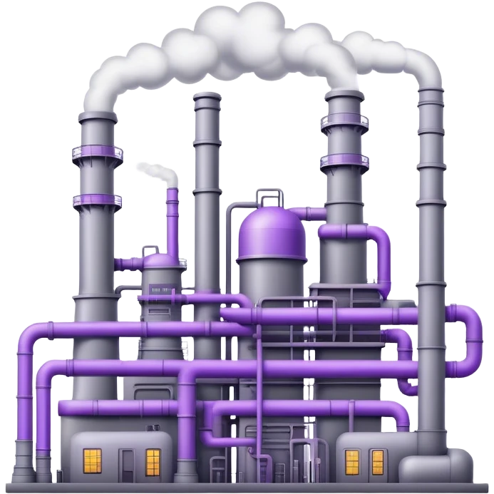 An emoji of an industrial factory in realistic gray tones, with pipes and smokestacks. Subtle neon violet glowing accents represent the power of AI, adding a futuristic and magical touch emoji