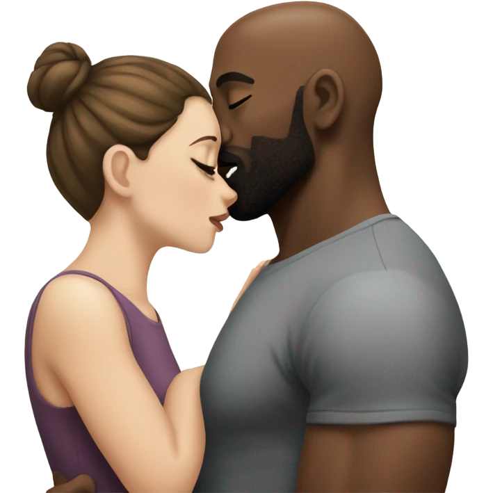 White girl brunette kissing muscular black bald man with beard emoji