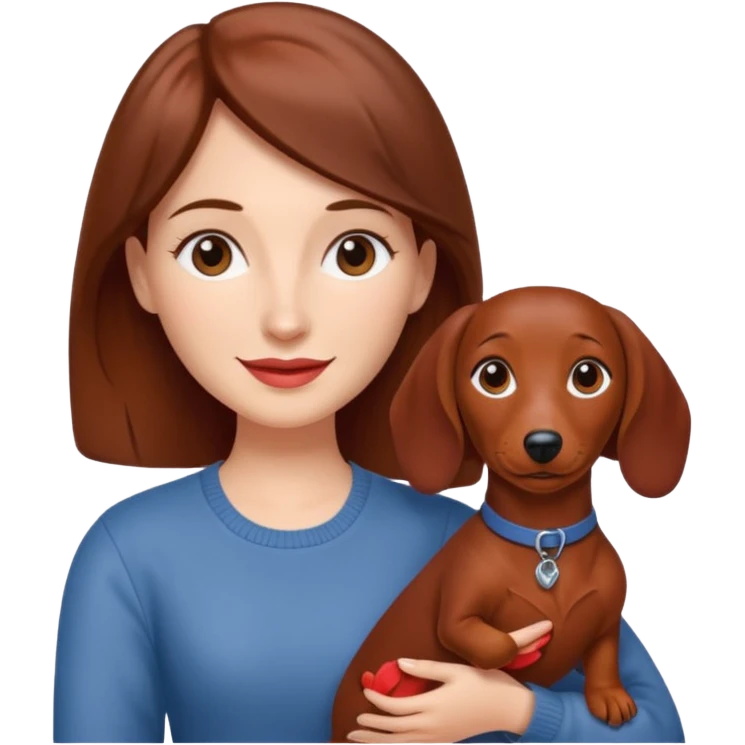 White woman with medium length brown hair holding a red dashound emoji