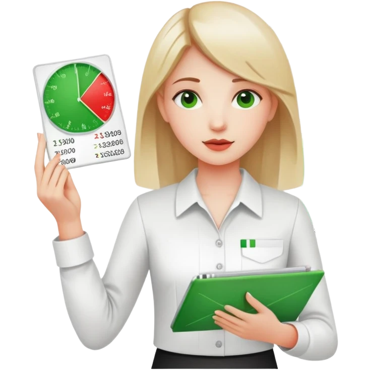 Girl showing financial reports, positive green ascending chart in one hand and negative red descending chart in other hand emoji