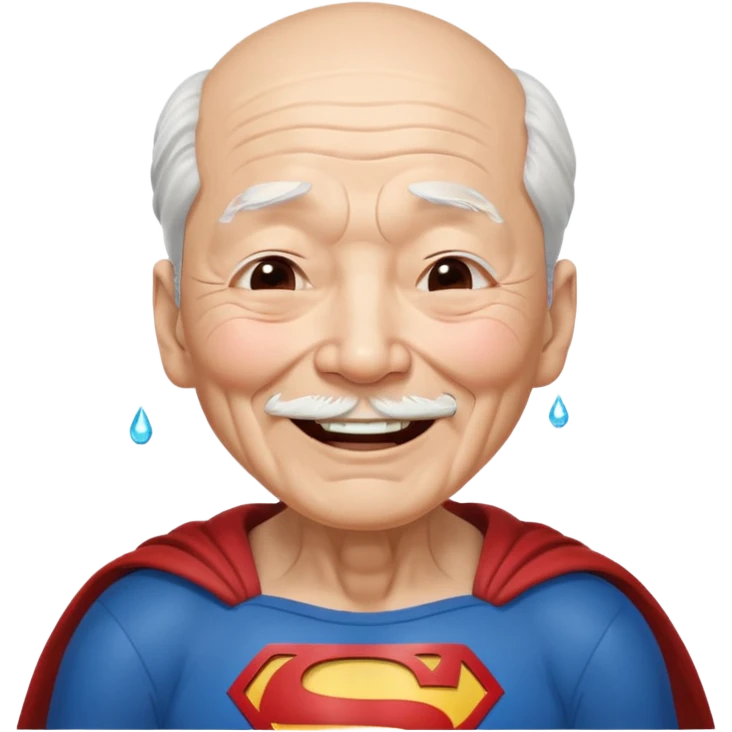 Chinese elderly dressed as Superman laughing exeedingly with closed eyes and tear drops emoji