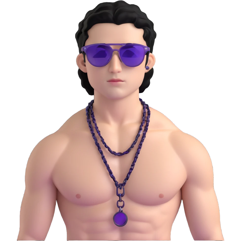shirtless male athlete with white skin and moderately curly black hair on top with shaved sides, wearing purple sunglasses with very dark heavily tinted black lenses, and a simple plain black chain necklace, no earrings or other jewelry emoji