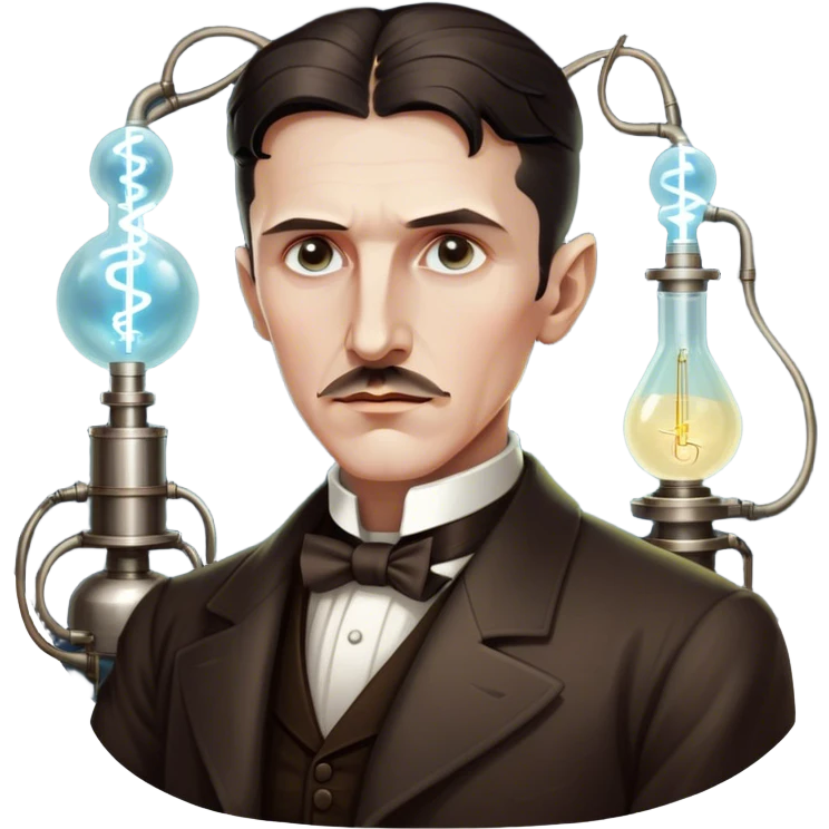 Nikola Tesla – Cinematic Realistic Portrait of Nikola Tesla, depicted as a visionary inventor with intense, thoughtful eyes and period attire, surrounded by subtle arcs of electric light and early laboratory apparatus, rendered with dramatic lighting that evokes mystery and innovation. emoji
