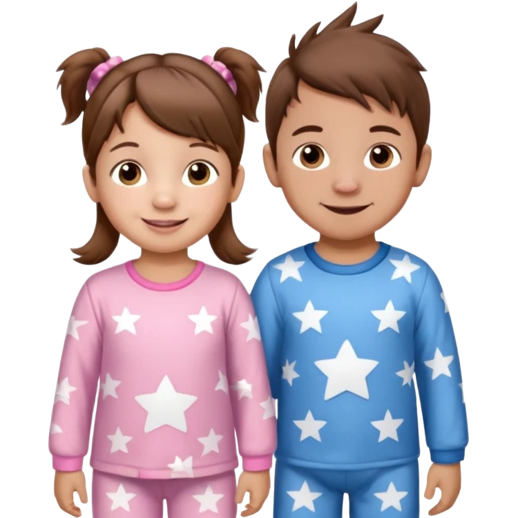 A toddler girl with brown hair with two pig tails, wearing pink pajamas with white stars on them. With a 4 year old boy with spikey brown hair, wearing blue pajamas with white stars on them. Both light skin and smiling. emoji