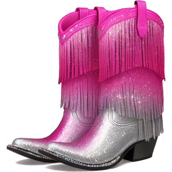 Realistic hot pink to silver ombre pair of fashion cowgirl boots with sparkly shiny glitter fringe on them. emoji