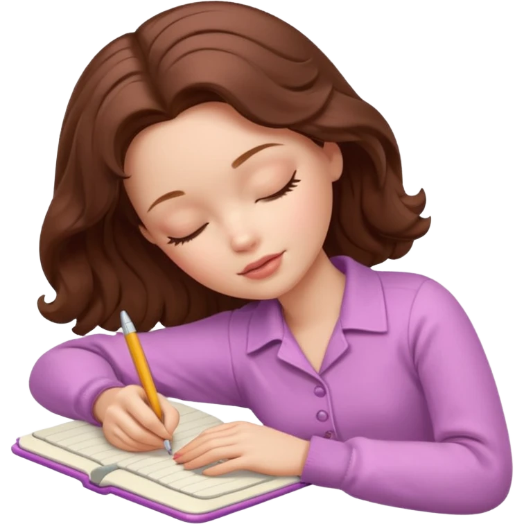 White Barbie girl dark Chestnut bob wavy hair sleeping with In pale creamy color clothes, he writes in a notebook emoji