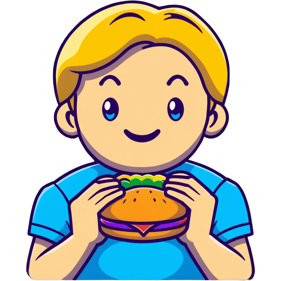 Young blonde guy with blue eyes from LGBT community eating McDonald's burger, rainbow pride details emoji