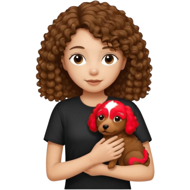 A girl with shoulder-length hair, dressed in a black tee, gently holding a curly-haired brown dog in her arms." emoji