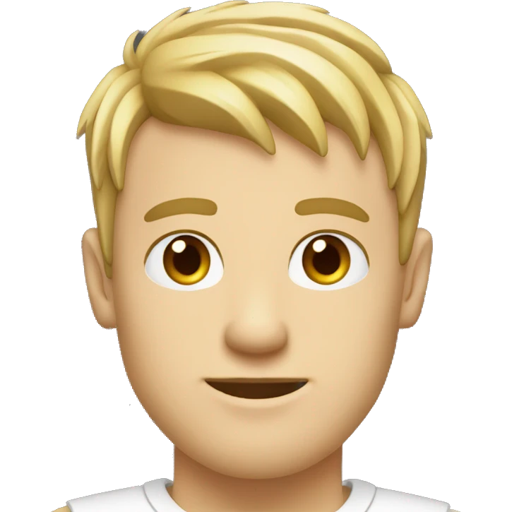 white man with clear skin with fringe up blonde hair style brown eyes and white t shirt with laptop emoji