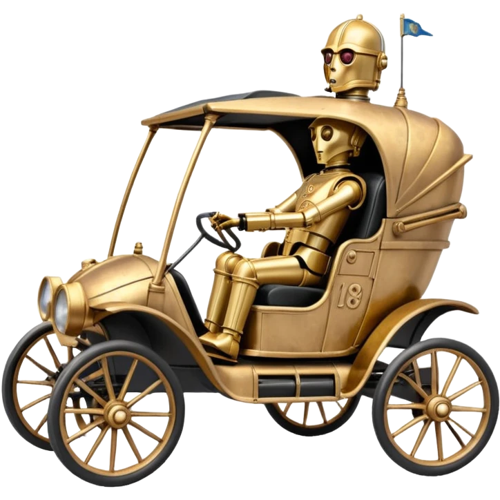 Old American West tarnished C-3PO policeman in 1864 delicately ornate rosegold accents painted buggy powered by electric motors and batteries with safety features and belts flying rapidly across rough terrain  emoji