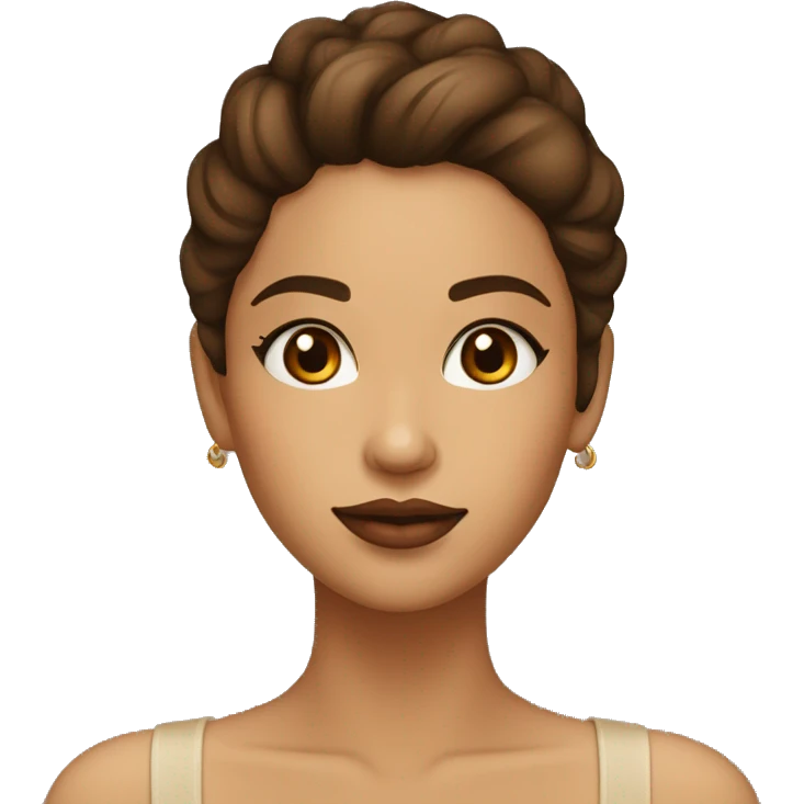 Chica con el pelo largo y castaño oscuro ojos marrones y top beige y labios color natural emoji