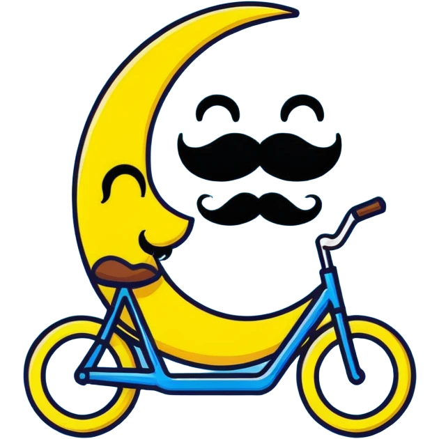 yellow crescent moon with a fancy handlebar mustache and cute smiling face emoji