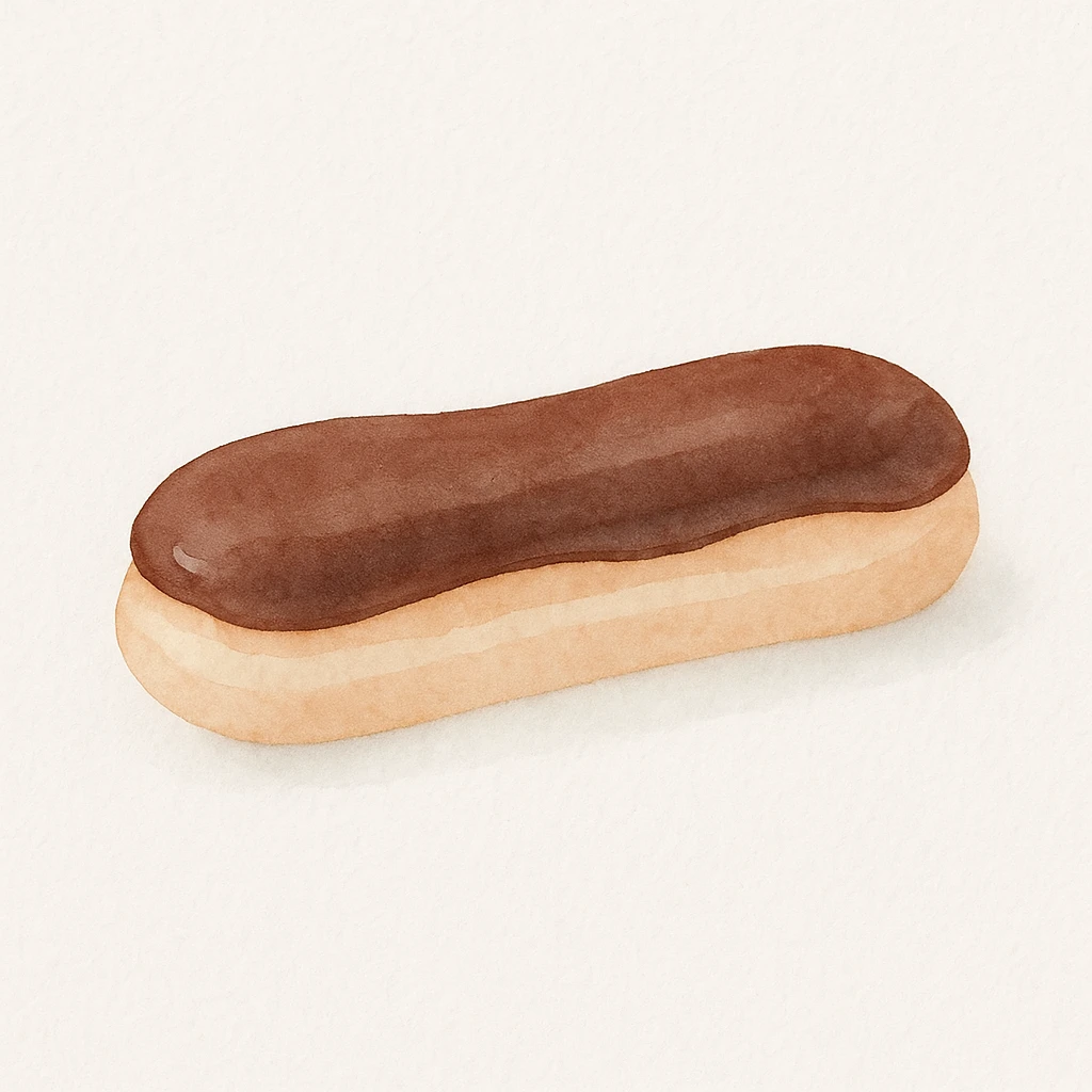 watercolor style soft colors éclair au chocolat with chocolate glaze, French pastry emoji