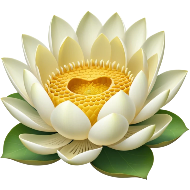 White lotus flower with botanically accurate yellow seedpod center showing honeycomb-like pattern of seed chambers, surrounded by white petals and accurate notched lotus leaf emoji