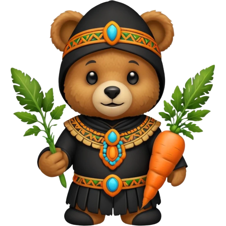 teddy bear Upper, wearing black mayan ancient custome, with carrot half body emoji
