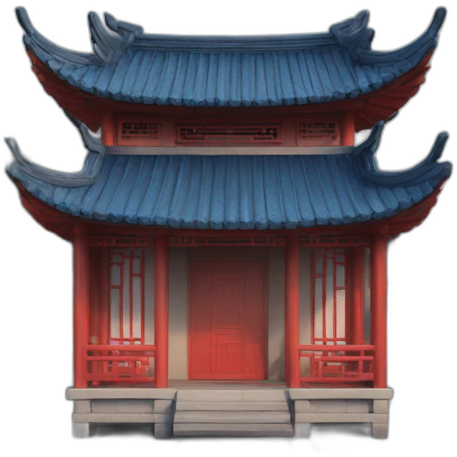 the front facade of a small Chinese-style house with a blue roof and red wooden structures emoji