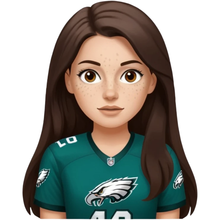 White girl with long dark brown hair and freckles wearring a Philadelphia eagles jersey emoji