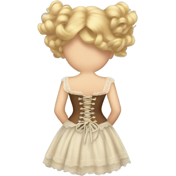 a blonde girl with brown hair standing with her back tied an old corset on a fluffy dress emoji