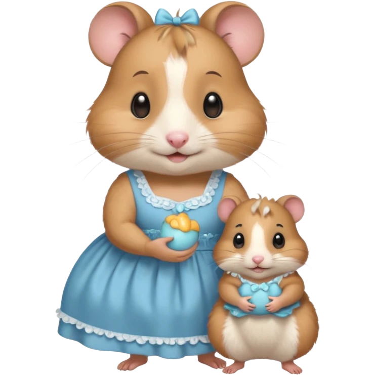 Mommy hamster wearing a dress with baby hamster  emoji