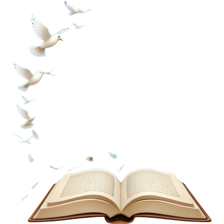 Icon for Poetry Reading: an open book with pages flying out, transforming into a large flock of small white birds soaring into the blue sky. The icon should evoke the freedom and beauty of poetic expression. Transparent background. emoji