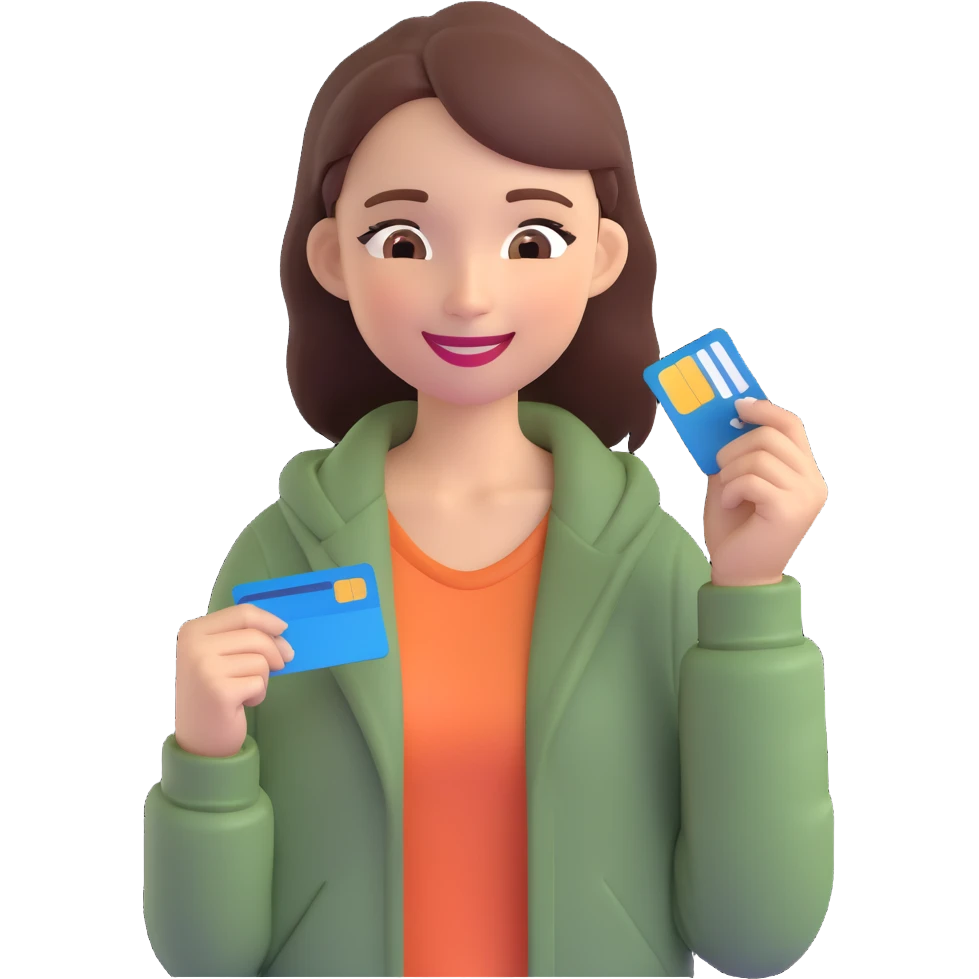 memoji of a charismatic, successful girl, smiling with slight fatigue, one eye half-closed, in casual chic clothes, holding credit cards emoji