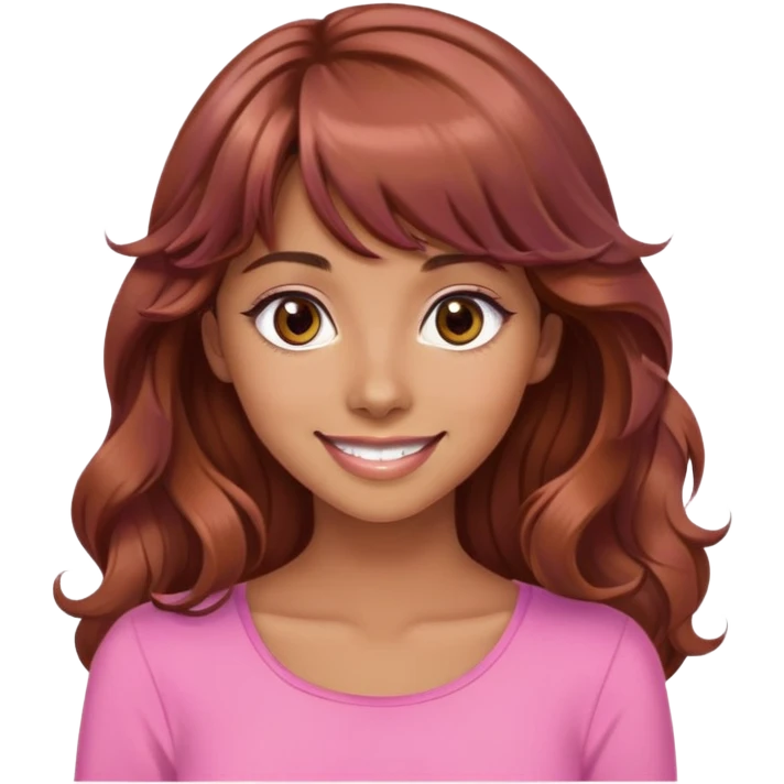 beautiful woman, tan skin, big brown eyes, long wavy auburn hair, bangs, model, pink top, smiling emoji