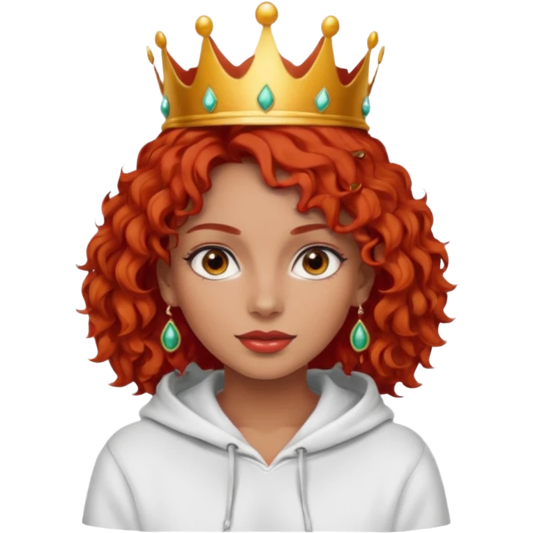 
Slim girl with a fine face, dark and tanned skin, medium-length curly tomato-red hair, dark eyes, medium-thick eyelashes, and a crown and earrings, wearing a white hooded sweatshirt. emoji