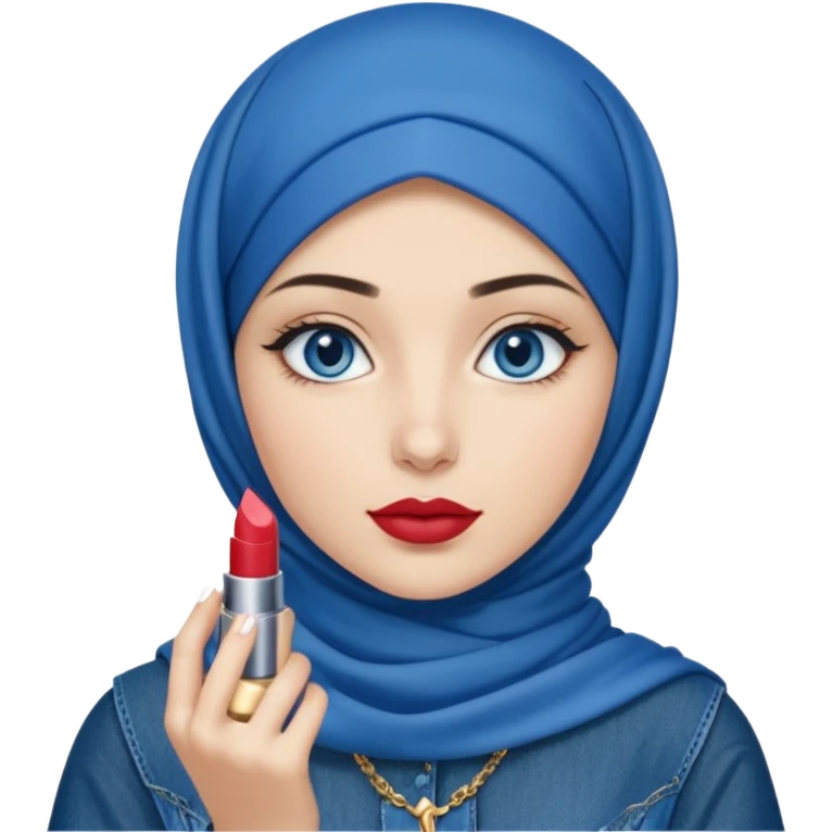 Turkish beautiful finish Konya girl blue eyes with blue denim hijab islamic dress and had on her hand ysl lipstick  emoji