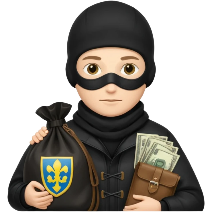 создай реалистичного белого украинца в черное одежде и черной балаклаве с большим мешком денег с  гербом страны на нем  emoji
